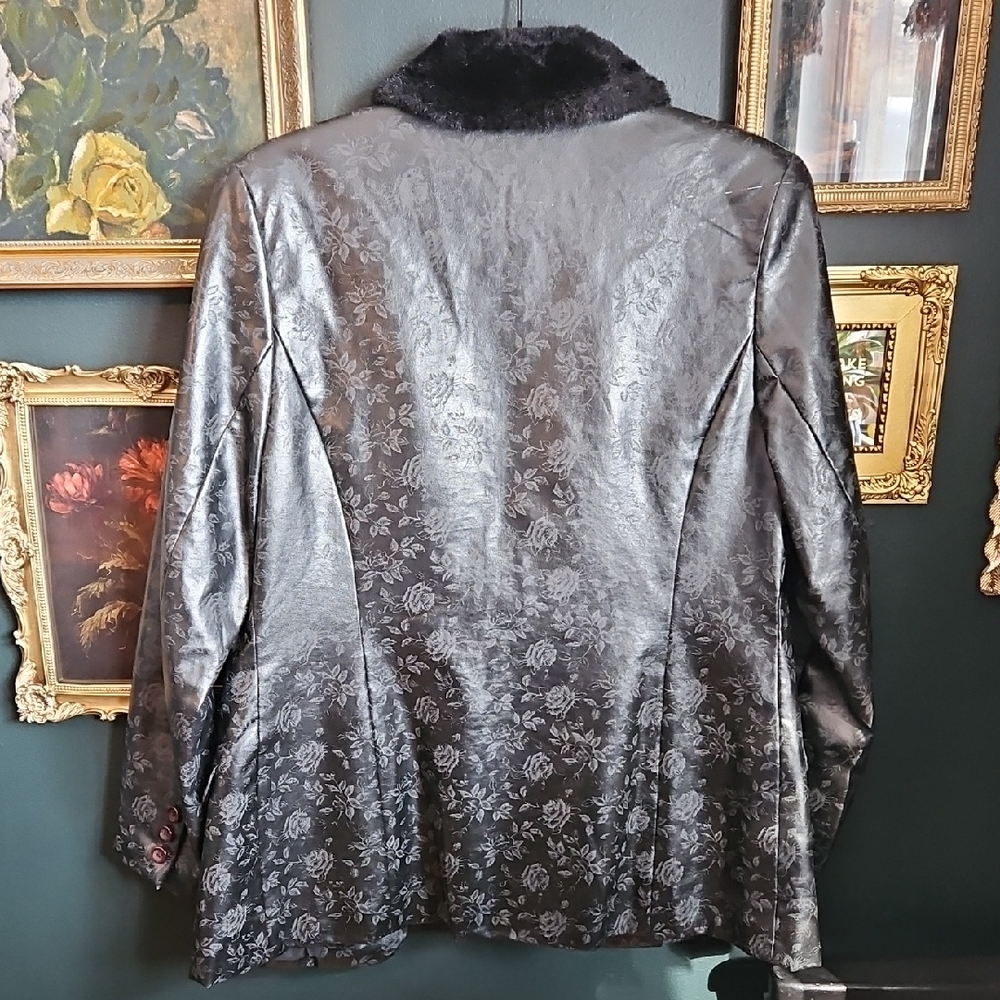 Vintage Simons Black Floral Fake Leather Blazer with Faux Fur Collar - Picture 6 of 8